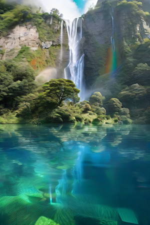 体积光绘画梦幻宫殿下的彩虹瀑布
