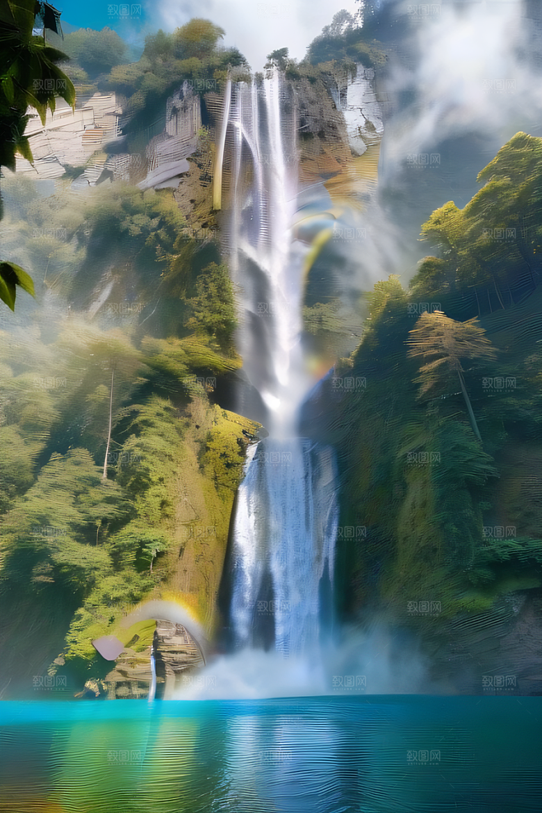 体积光绘画梦幻宫殿下的彩虹瀑布