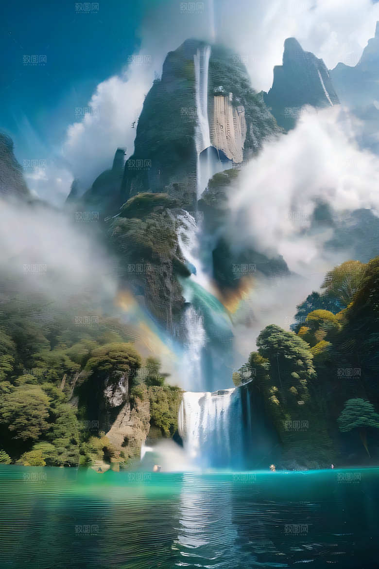 体积光绘画梦幻宫殿下的彩虹瀑布