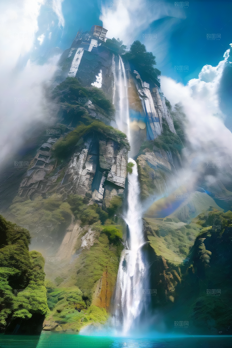 体积光绘画梦幻宫殿下的彩虹瀑布