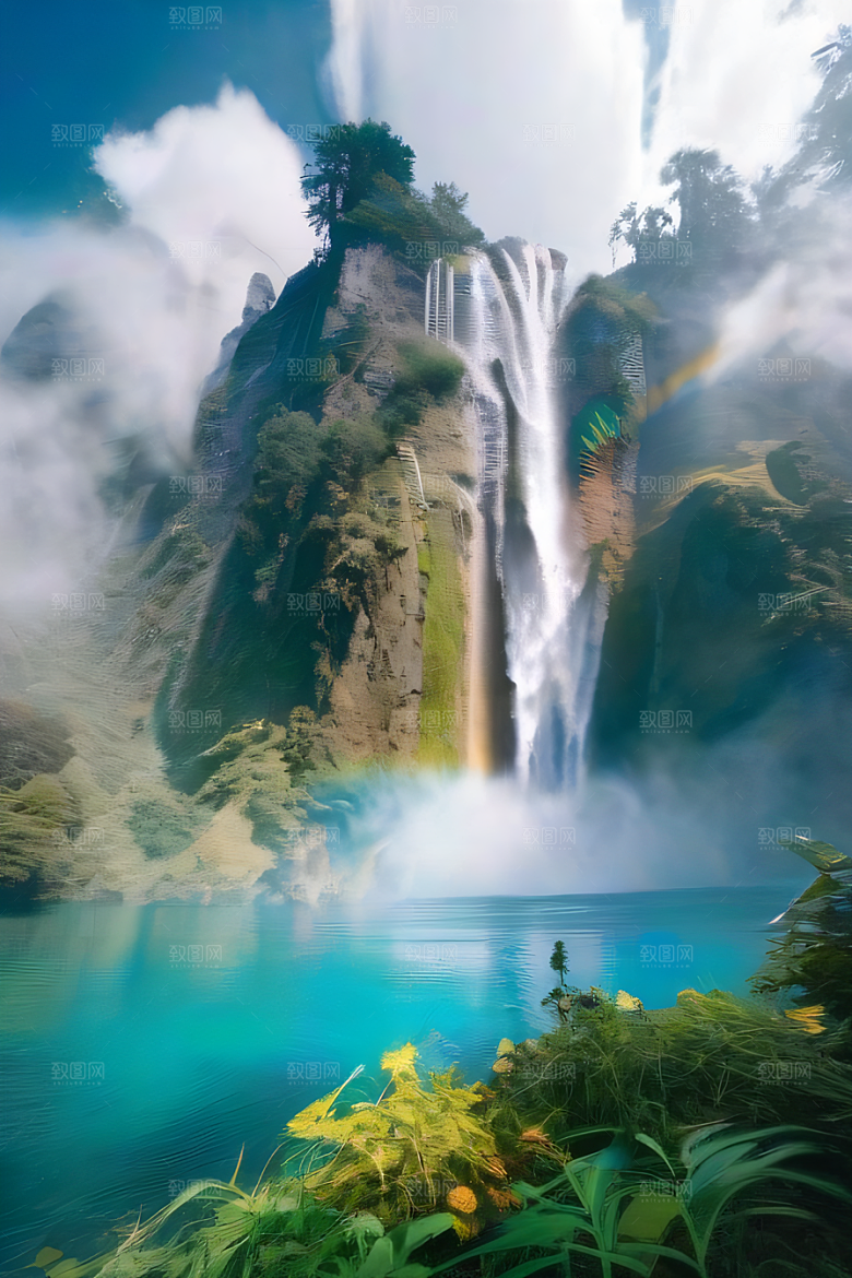体积光绘画梦幻宫殿下的彩虹瀑布