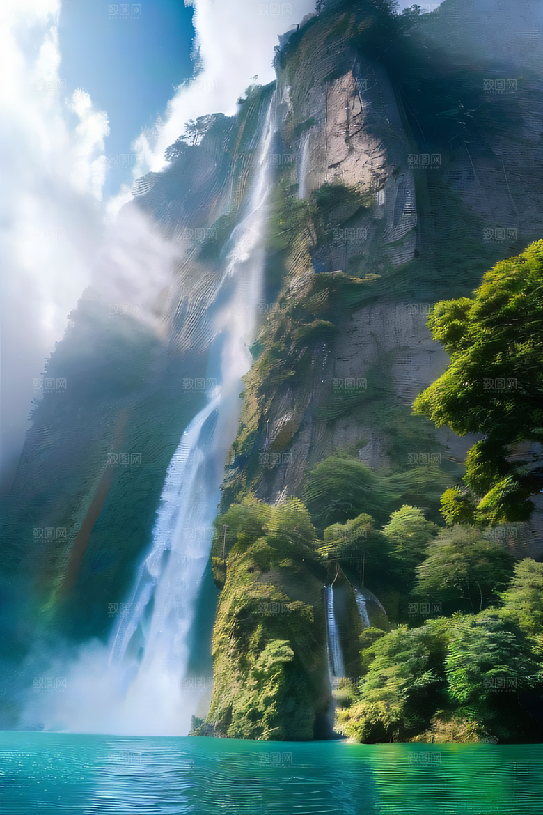 体积光绘画梦幻宫殿下的彩虹瀑布