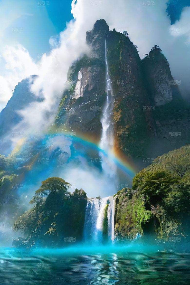 体积光绘画梦幻宫殿下的彩虹瀑布