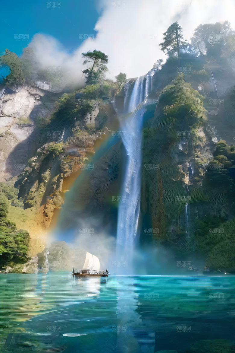 体积光绘画梦幻宫殿下的彩虹瀑布