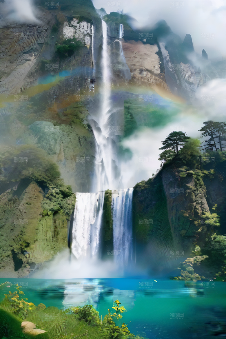 体积光绘画梦幻宫殿下的彩虹瀑布