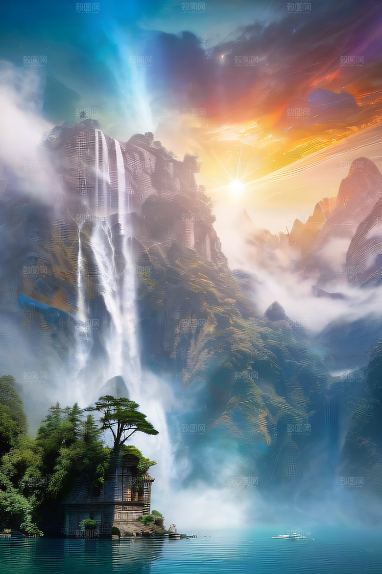 体积光绘画梦幻宫殿下的彩虹瀑布