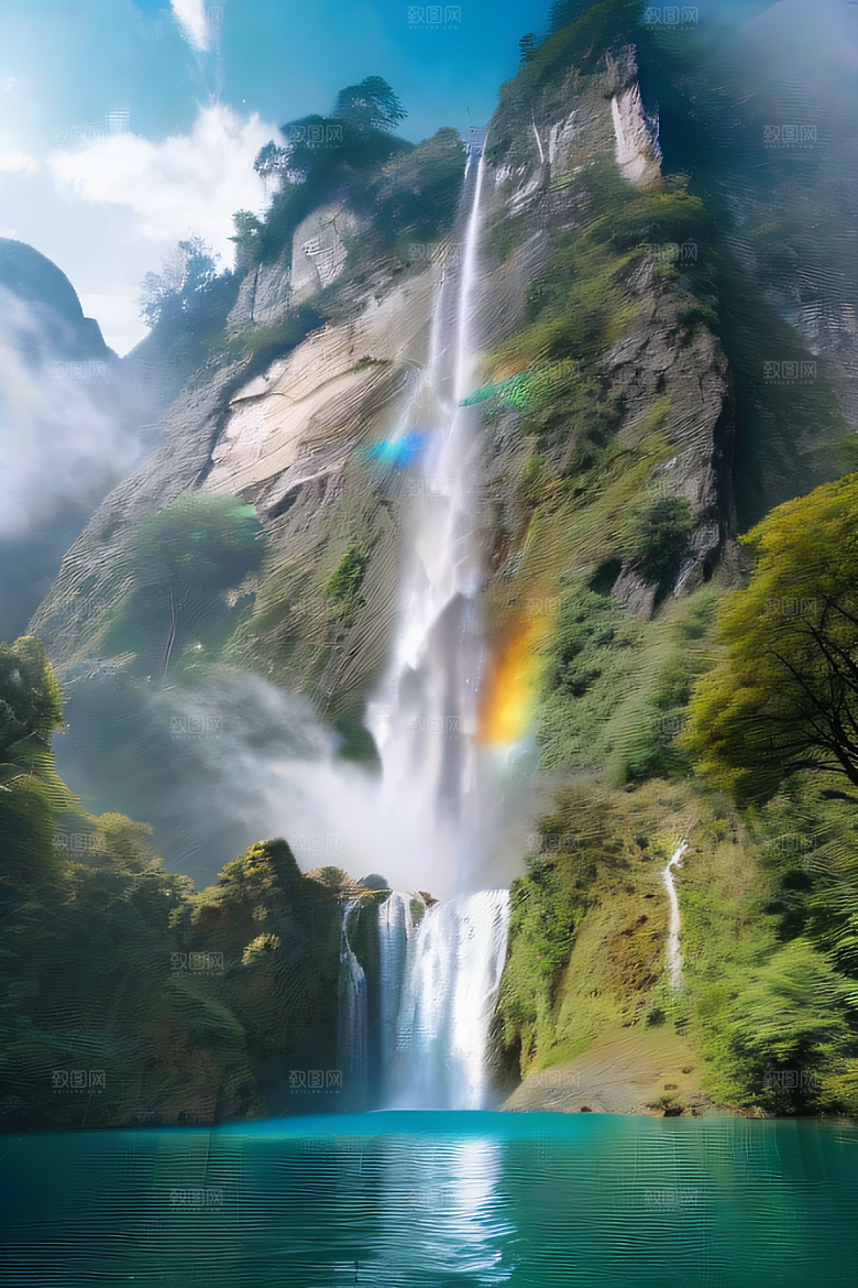 中国宫殿梦幻悬崖下的蓝色水域