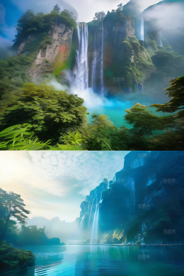 中国宫殿梦幻悬崖下的蓝色水域