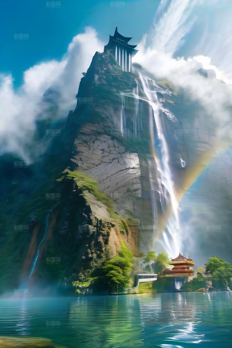 梦幻巨崖中国宫殿下的彩虹瀑布