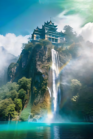 梦幻巨崖中国宫殿下的彩虹瀑布