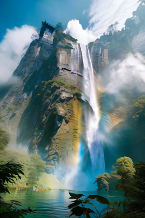 梦幻巨崖中国宫殿下的彩虹瀑布
