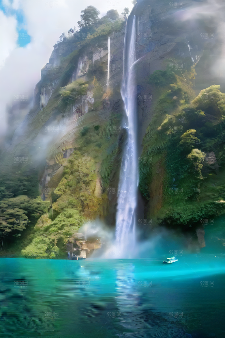 荧光绚烂梦幻悬崖下的水雾云彩