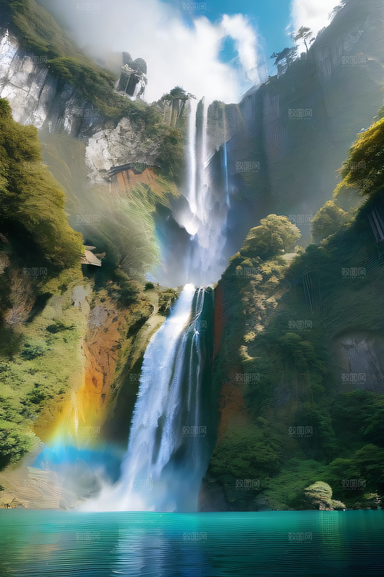 荧光绚烂梦幻悬崖下的水雾云彩