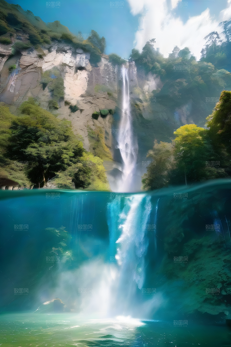 荧光绚烂梦幻悬崖下的水雾云彩