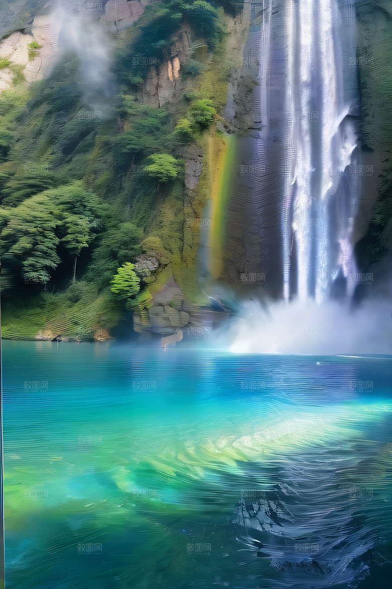 荧光绚烂梦幻悬崖下的水雾云彩