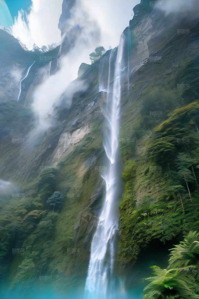 荧光绚烂梦幻悬崖下的水雾云彩