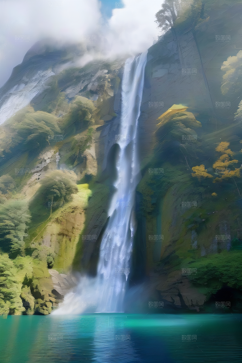 荧光绚烂梦幻悬崖下的水雾云彩