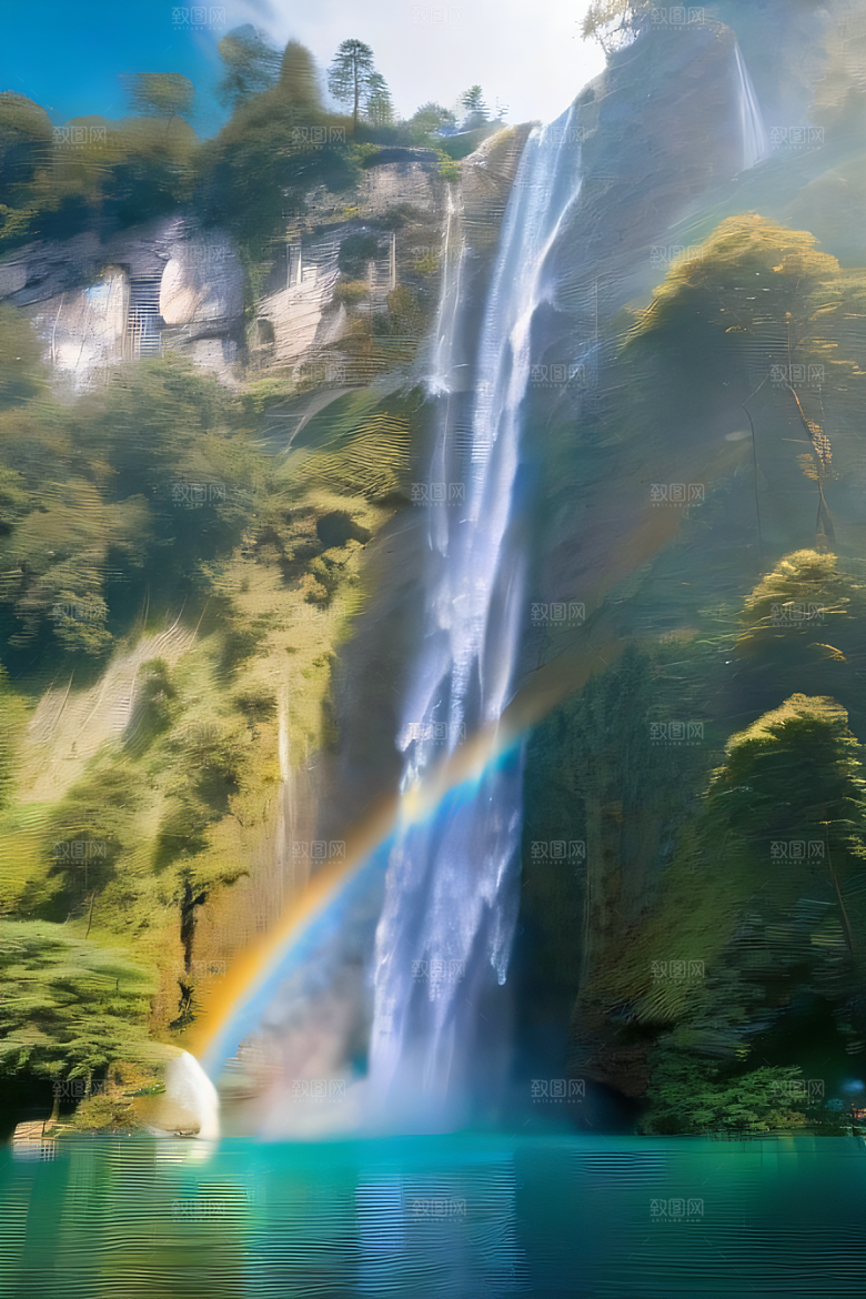 荧光绚烂梦幻悬崖下的水雾云彩