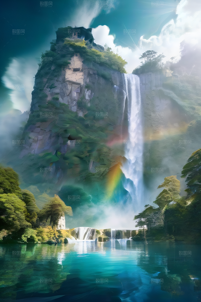 荧光绚烂梦幻悬崖下的水雾云彩