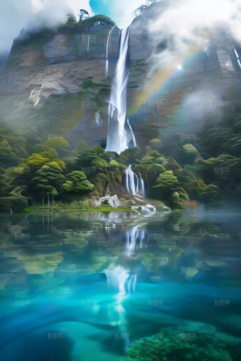 梦幻仙境巨崖下的柔光中国宫殿