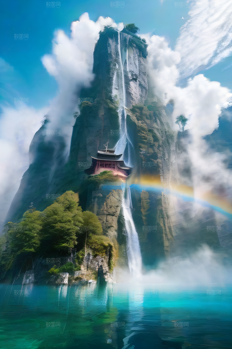 梦幻仙境巨崖下的柔光中国宫殿