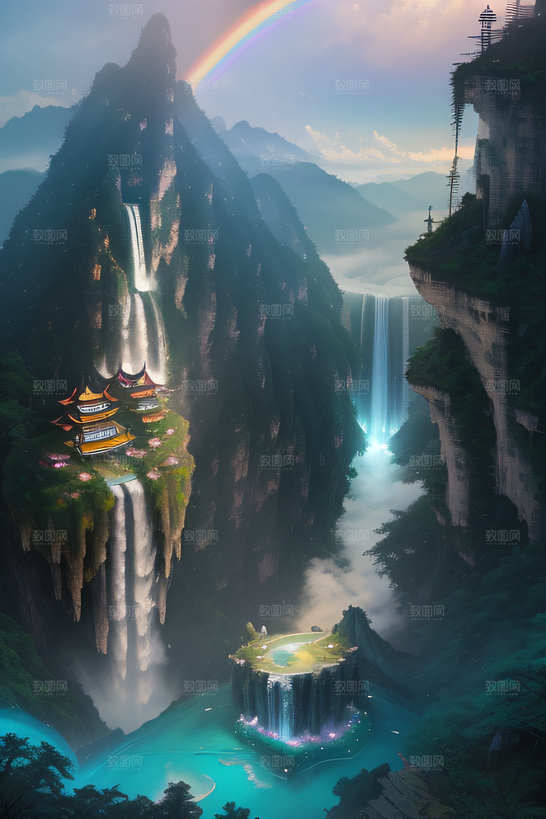 梦幻仙境巨崖下的柔光中国宫殿
