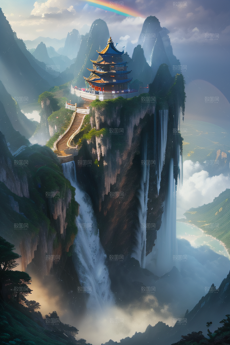 梦幻仙境巨崖下的柔光中国宫殿