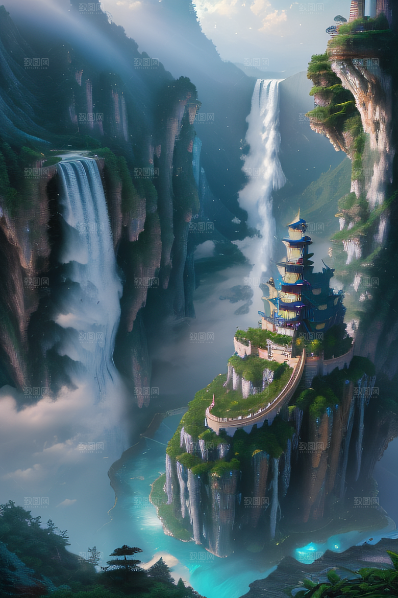 梦幻仙境巨崖下的柔光中国宫殿