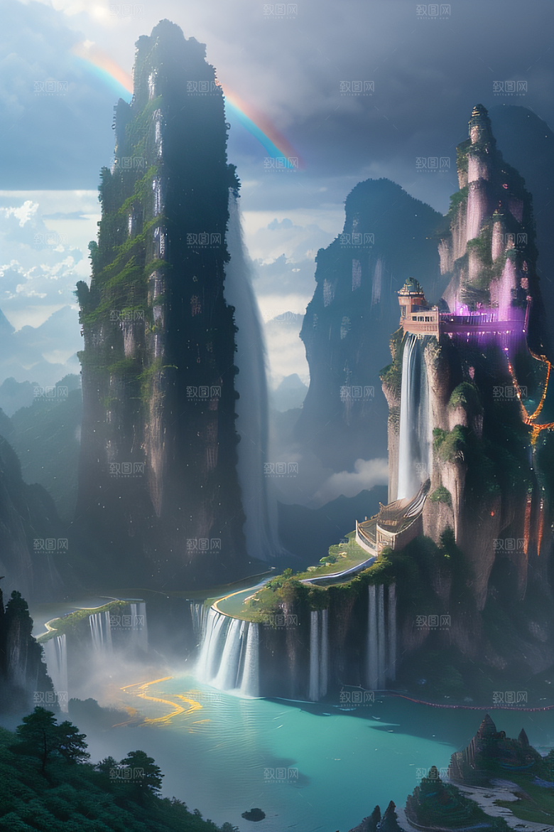 梦幻仙境巨崖下的柔光中国宫殿