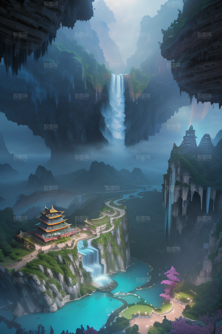 美丽童话水晶云彩下的体积光绘画