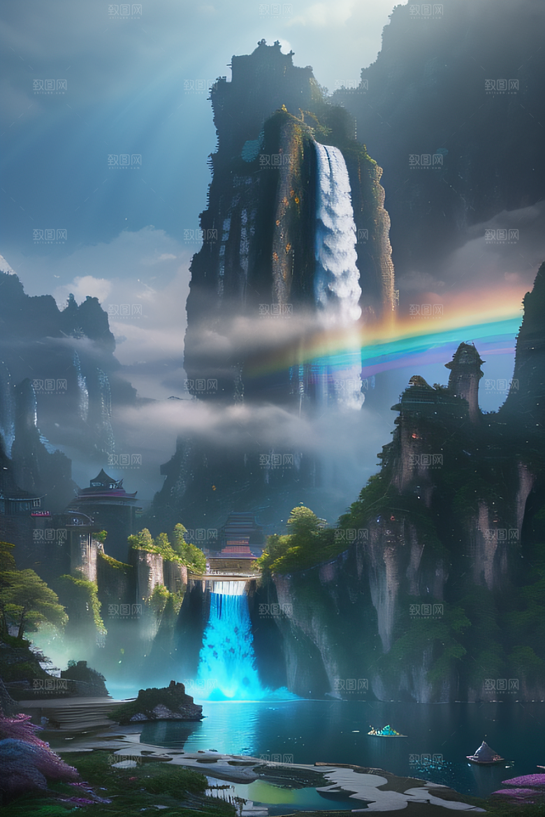 美丽童话水晶云彩下的体积光绘画