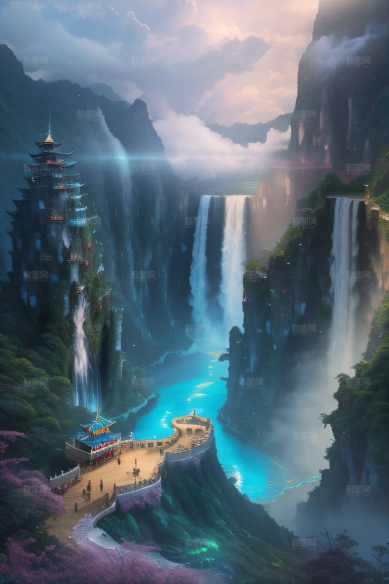 美丽童话水晶云彩下的体积光绘画