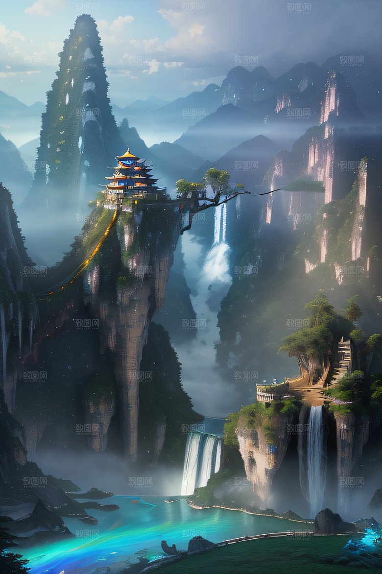 美丽童话水晶云彩下的体积光绘画