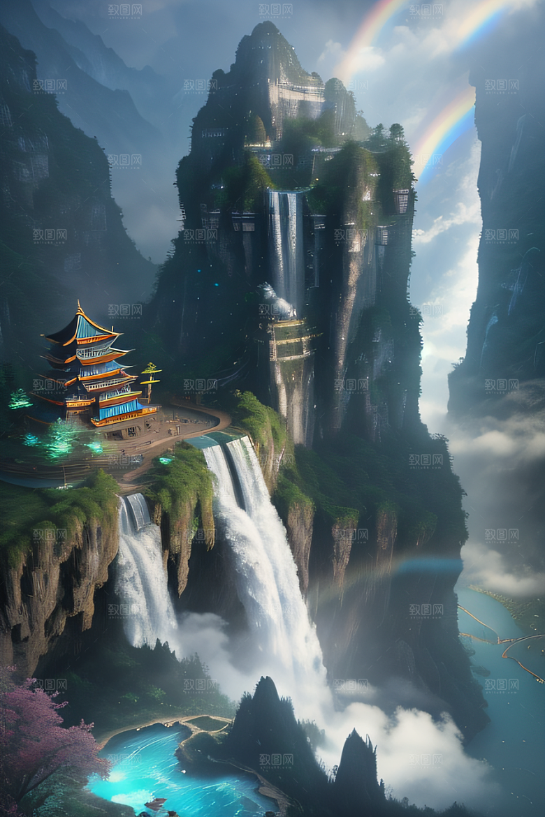 美丽童话水晶云彩下的体积光绘画