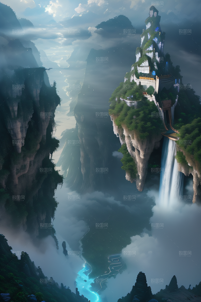 美丽童话水晶云彩下的体积光绘画