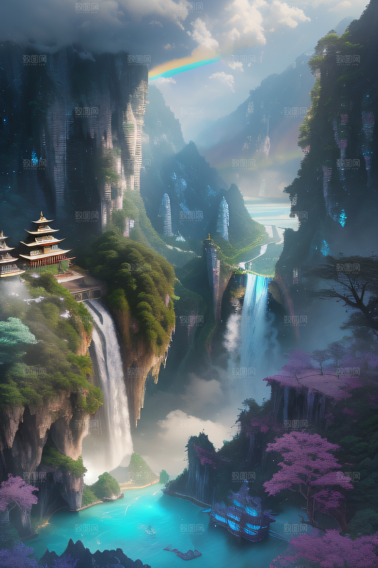 美丽童话水晶云彩下的体积光绘画