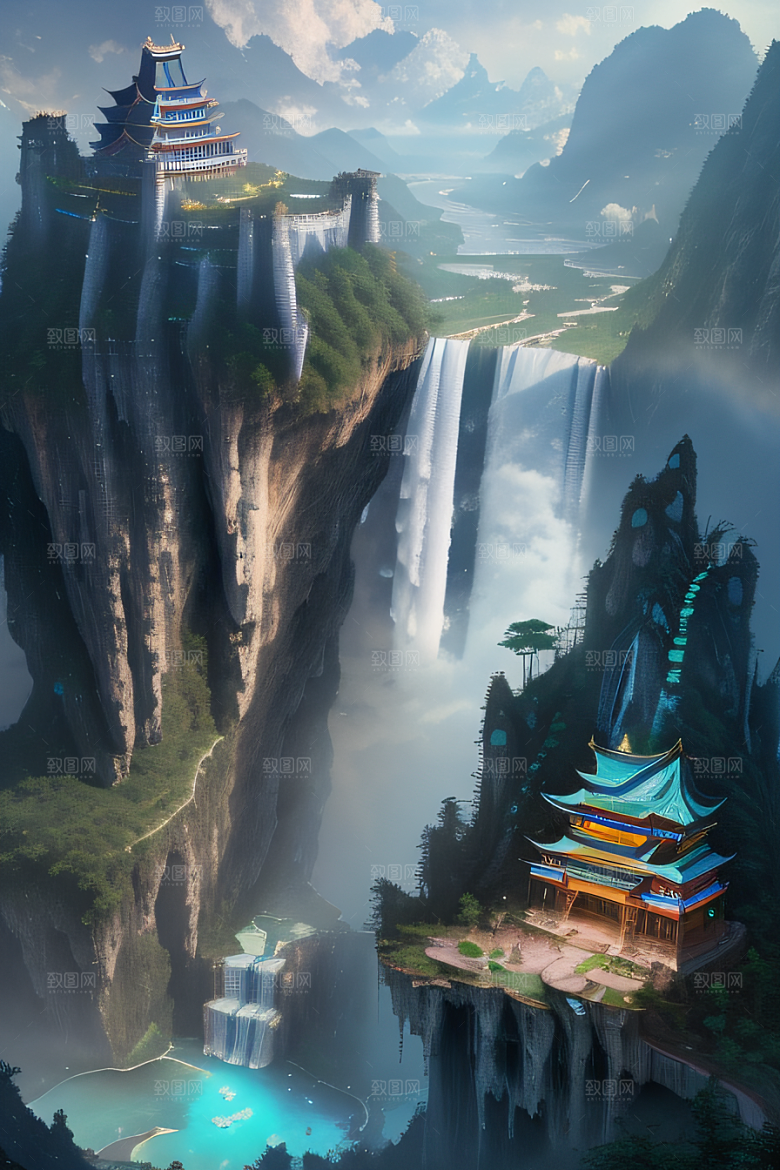 美丽童话水晶云彩下的体积光绘画