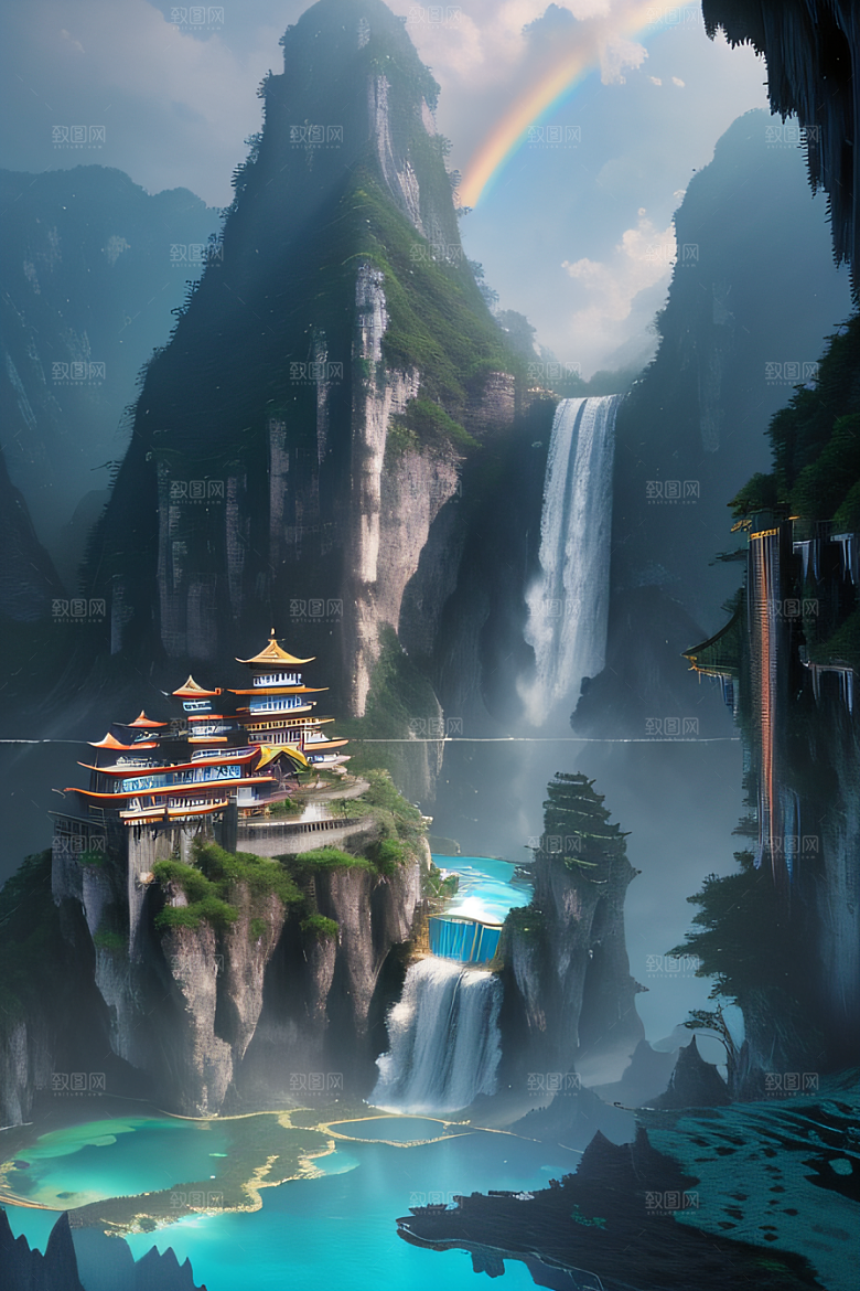 美丽童话水晶云彩下的体积光绘画