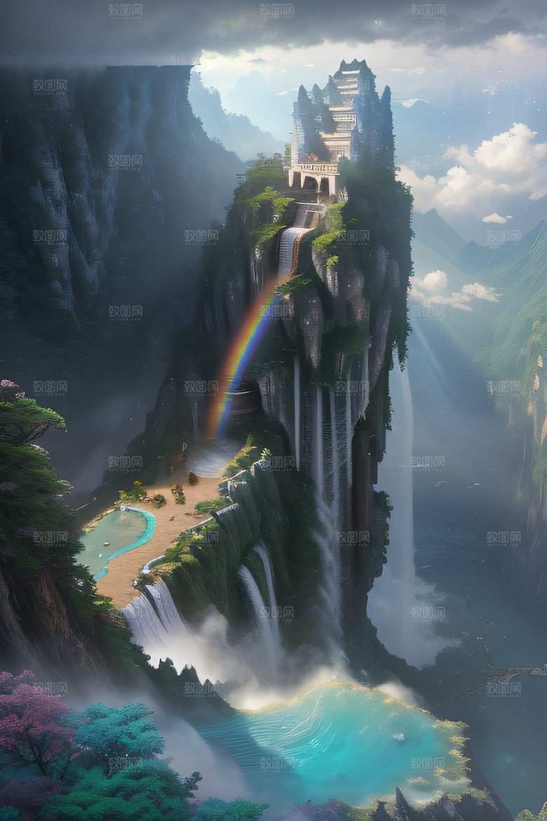 美丽童话水晶云彩下的体积光绘画