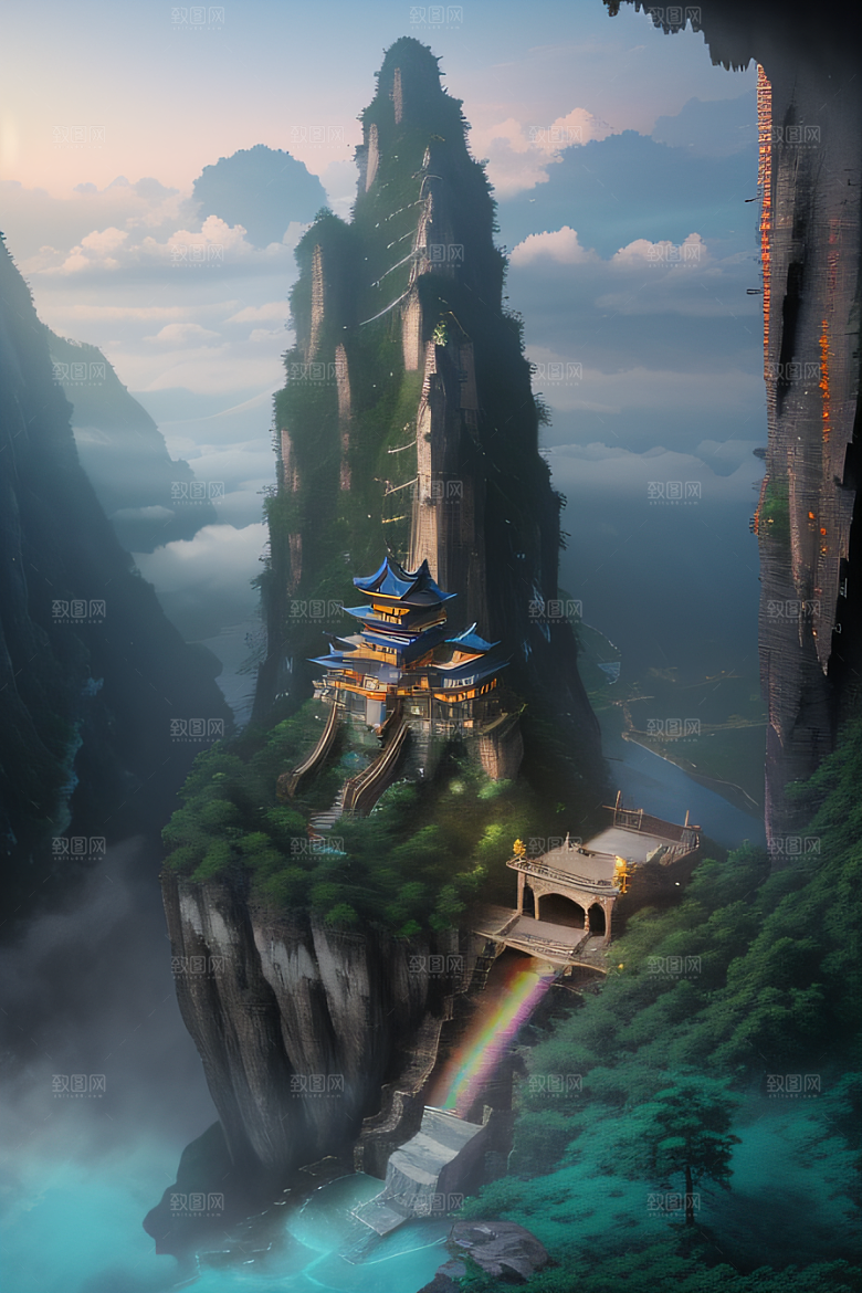 美丽童话水晶云彩下的体积光绘画