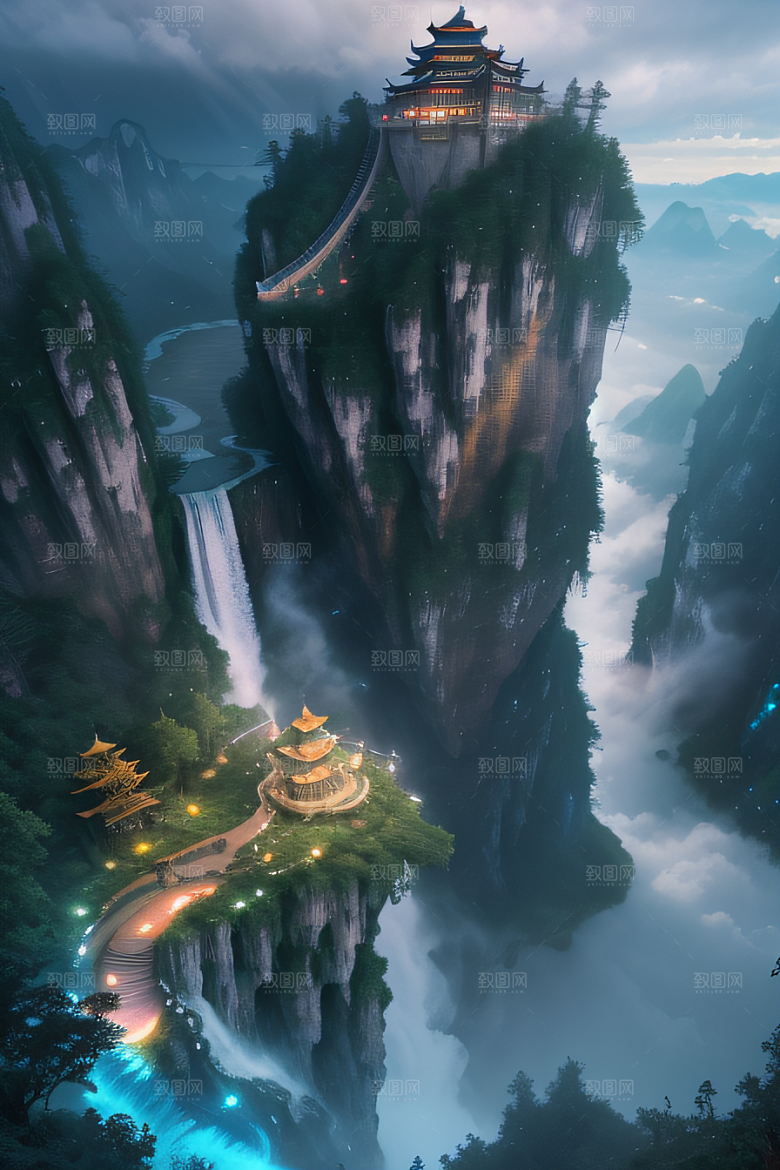 美丽童话水晶云彩下的体积光绘画