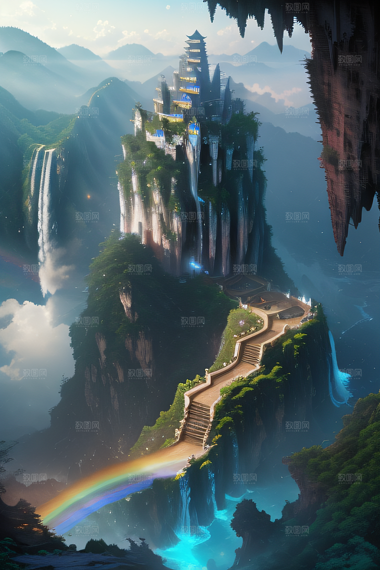 美丽童话水晶云彩下的体积光绘画