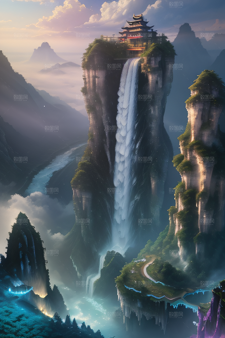 美丽童话水晶云彩下的体积光绘画