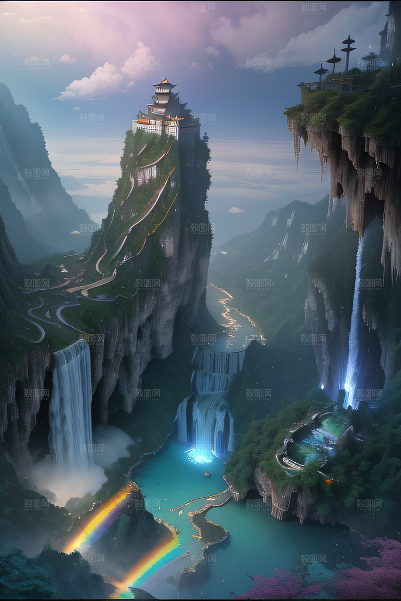美丽童话水晶云彩下的体积光绘画