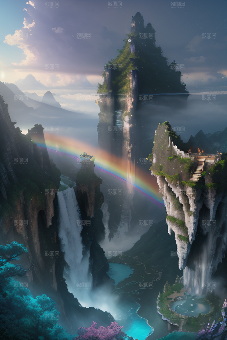 水雾云海梦幻悬崖下的荧光绘画