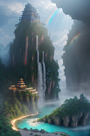 水雾云海梦幻悬崖下的荧光绘画
