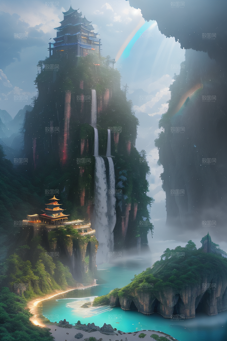 水雾云海梦幻悬崖下的荧光绘画