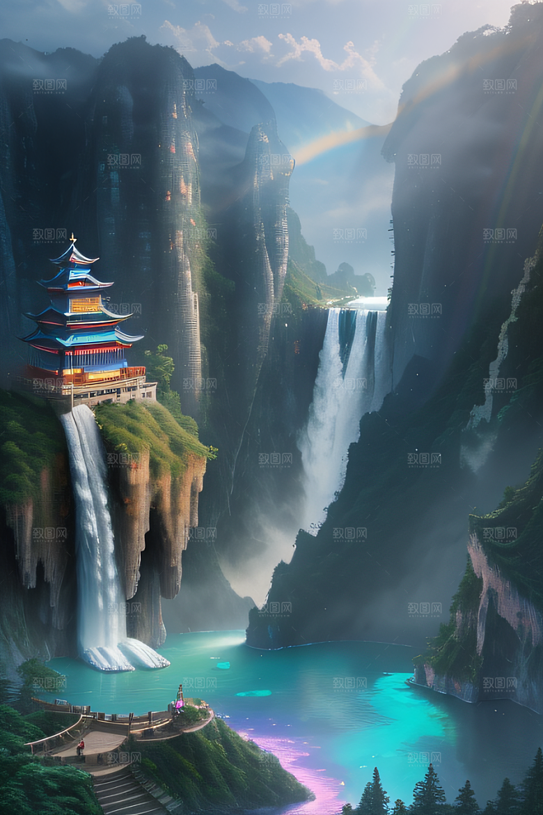 水雾云海梦幻悬崖下的荧光绘画