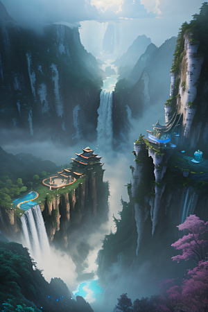 水雾云海梦幻悬崖下的荧光绘画