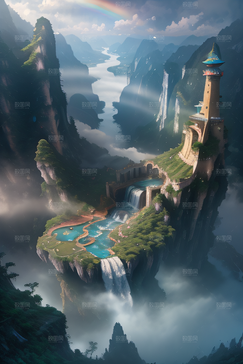 水雾云海梦幻悬崖下的荧光绘画